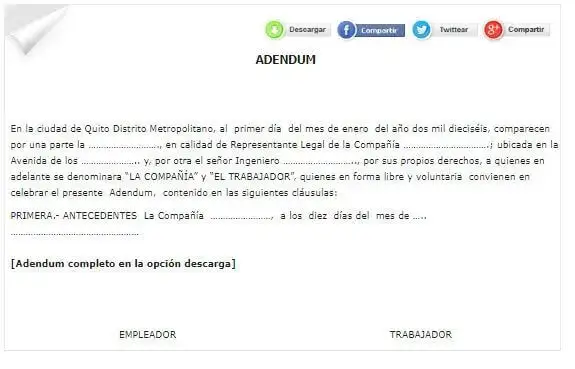 Adendum al contrato de trabajo – Modelo