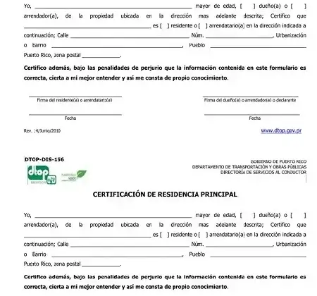 Formulario DTOP-DIS-156: Certificación Residencia Principal